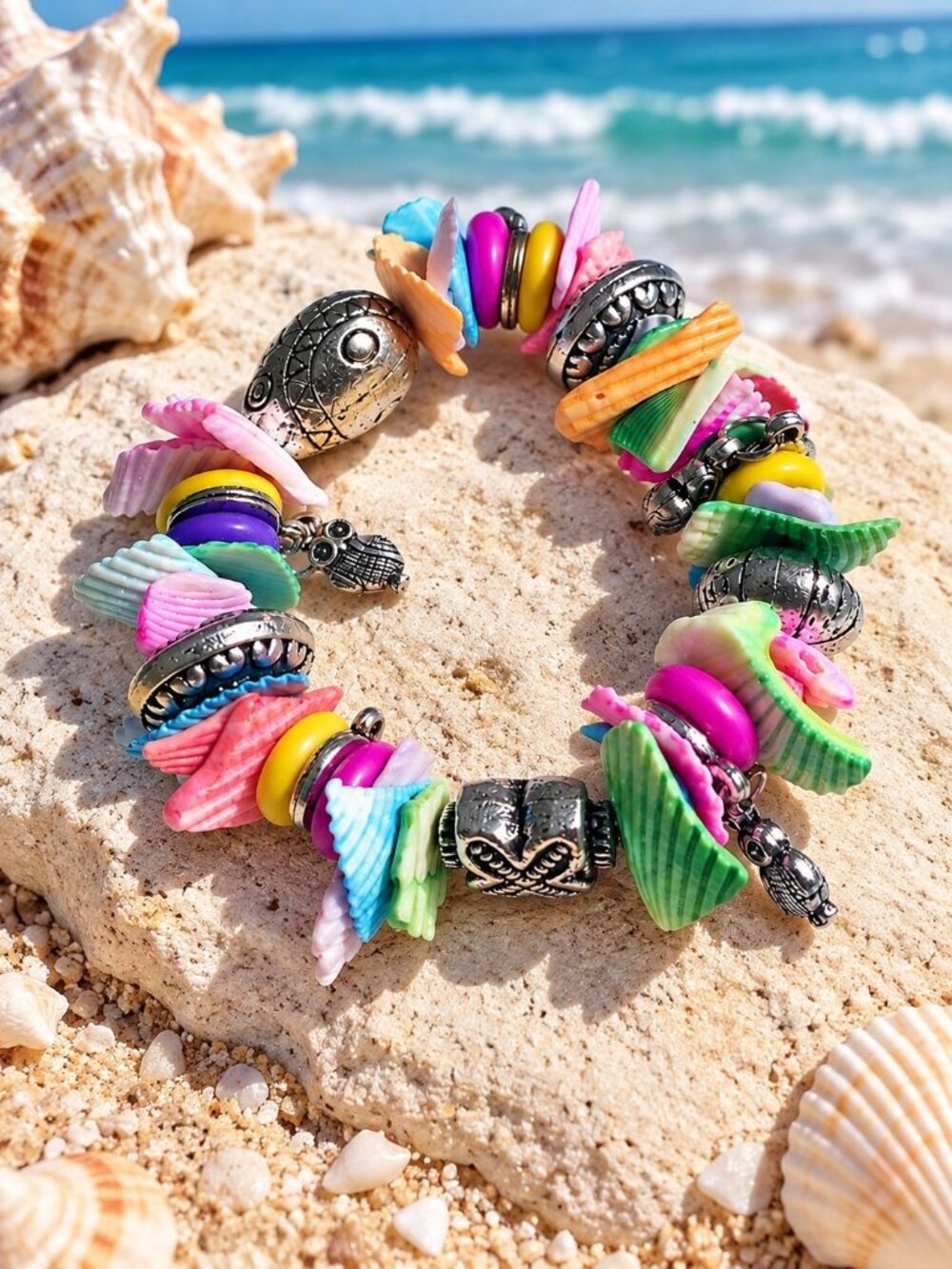 Beaded Seashell Silver Charm Stretch Bracelet Handmade Beach Jewelry Boho Gift
